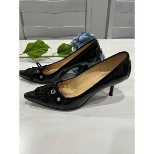 Tod's Black Patent Leather Pointed Toe Pumps Heels Fringe Detail Size 8